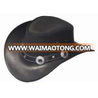 2015 LEATHER COWBOY Black Leather Western Cowboy Hat with Conchos & Rivets Hat Band