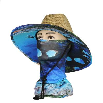 JAKIJAYI Tie-Dye Print Comfortable Beach Lifeguard Straw Hat with face cover scarf